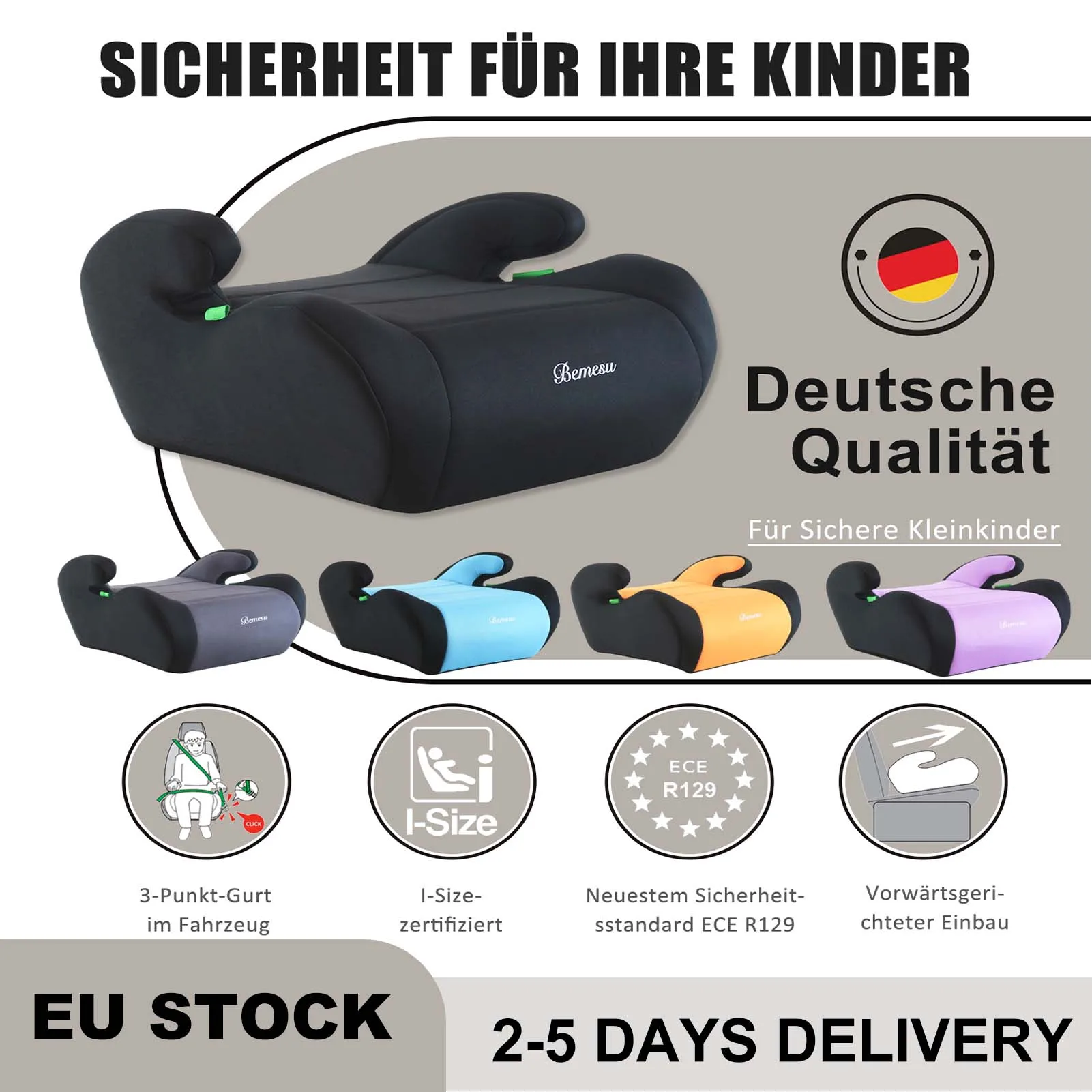 Kinderautositz Booster Sitzerhöhung, nach i-Size UN ECE R129/03, 3-Punkt-Gurt, tragbarer Kindersitz für Kinder 6–10 Jahre(125–150 cm)