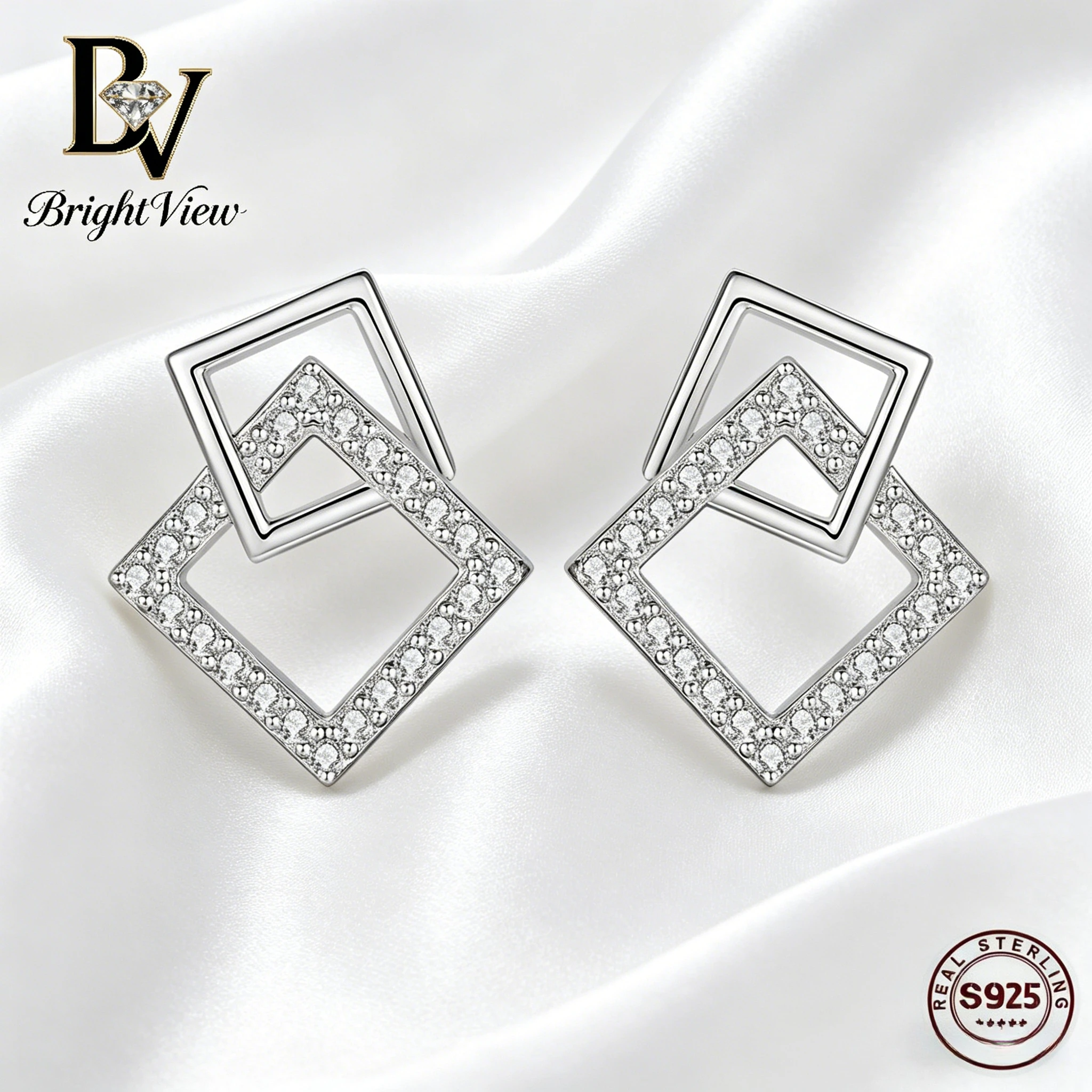 

BrightView S925 Sterling Silver Moissanite Earrings for Women Layered Square Dangle Earrings Hypoallergenic Fine Jewelry Gift