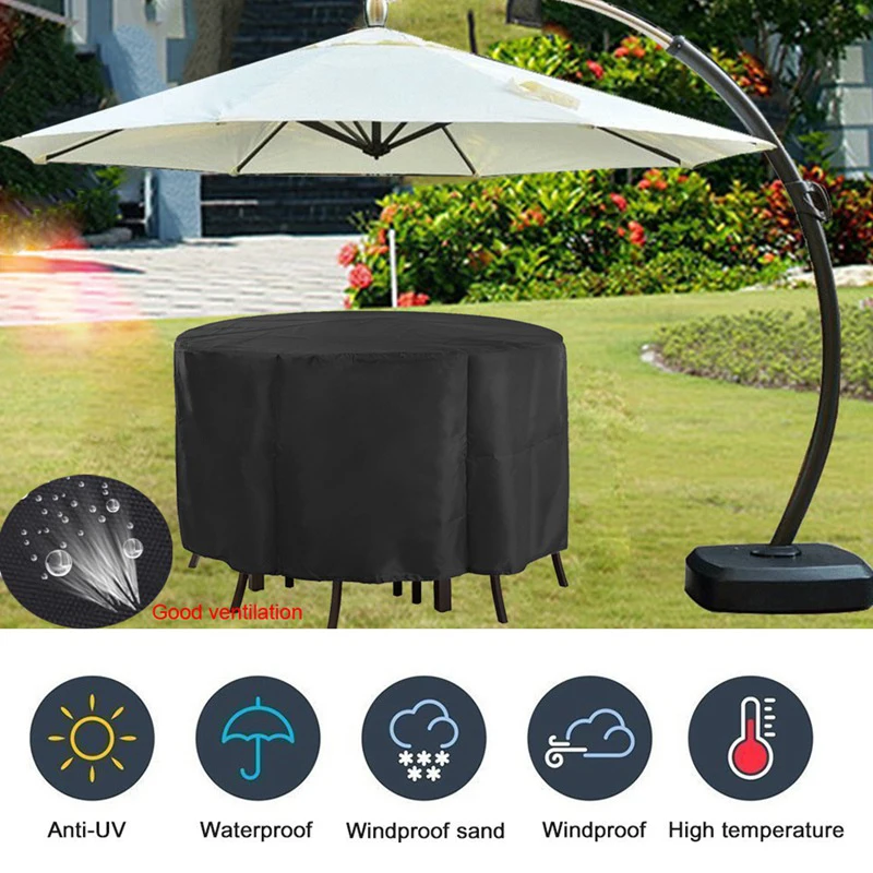 Protective Cover For Garden Table Waterproof Breathable Oxford Fabric Round Furniture Cover Dustprood Black Cloth 230CMX110CM