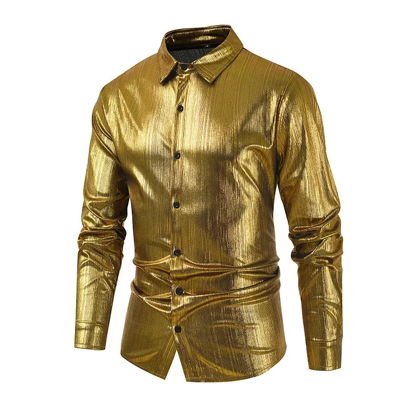 

2026 Men's New Spring Autumn Gold Color Clothing Long Sleeve Casual Wear Turn-Down Collar Glossy T-shirt Roupas Masculinas