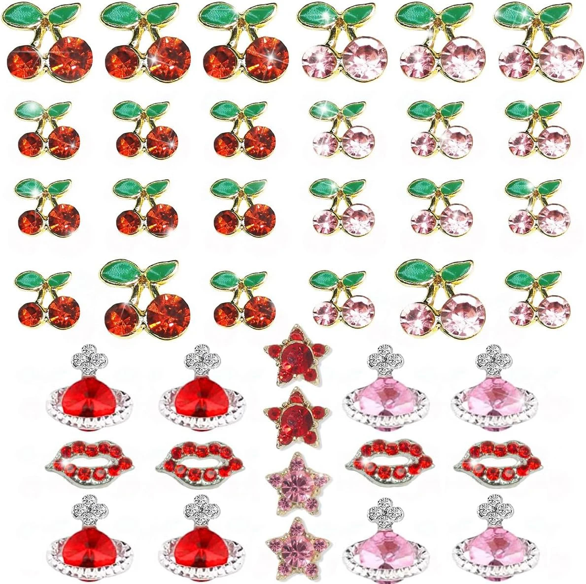 55Pcs 3D Cherry Nail Charms Heart Planet Star Lips valentines day Charms for Nails Kawaii Nail Rhinestones Gems