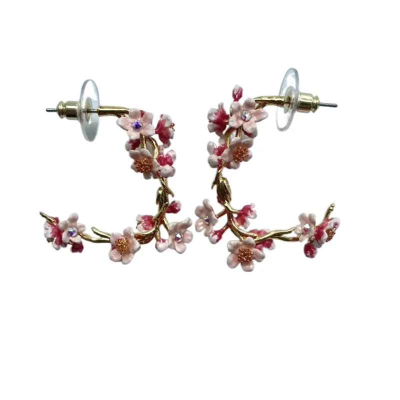 

French Enamel Glazed Cherry Blossom Tree Earrings Half Circle Ancient Style Dress Wedding Flower Vine Hoops Earrings for Women