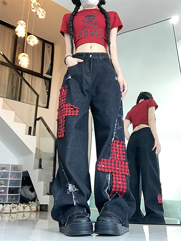 Chic Ripped Jeans for Women American Retro Patchwork Loose Floor Length Denim Pants Trendy Street Wide Leg Pants Autumn New