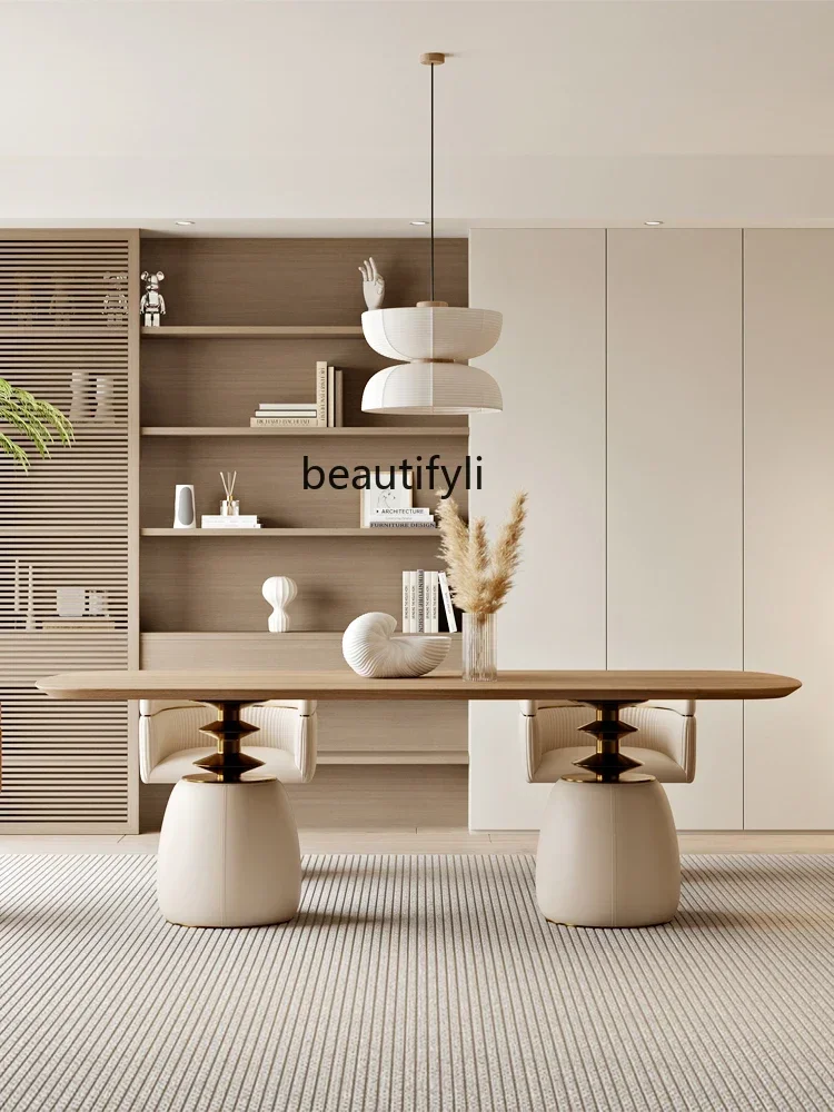 

07Modern Minimalist Gourd Dining Table Small Apartment Log Cream Style French Solid Wood Table Quiet Style Dining Table furnitur