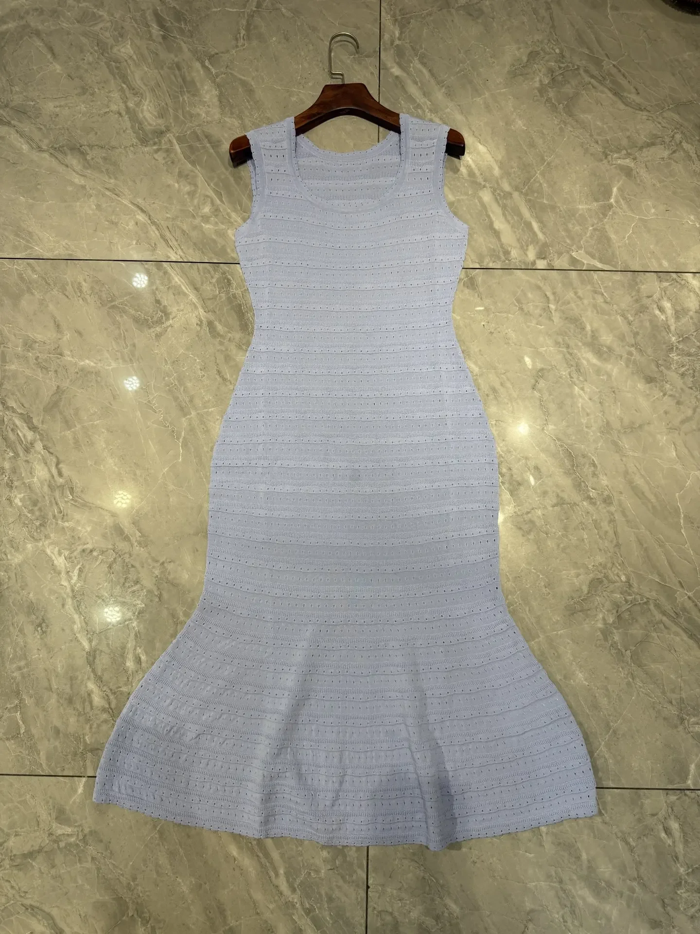 

Women Hollow Out Crocheting Vest Dress Square Collar Sleeveless Fashion Slim Knitted Midi dress