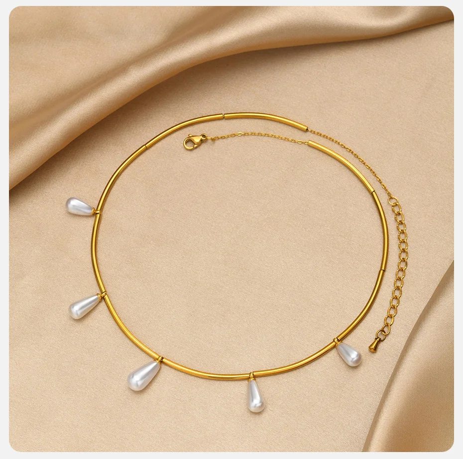 Vnox 18K Vergoldete Edelstahl-Halskette mit Tropfenförmiger Imitationsperle Chili-Horn-Anhänger Charms-Halsketten Strandurlaub Geschenk – Detail 5