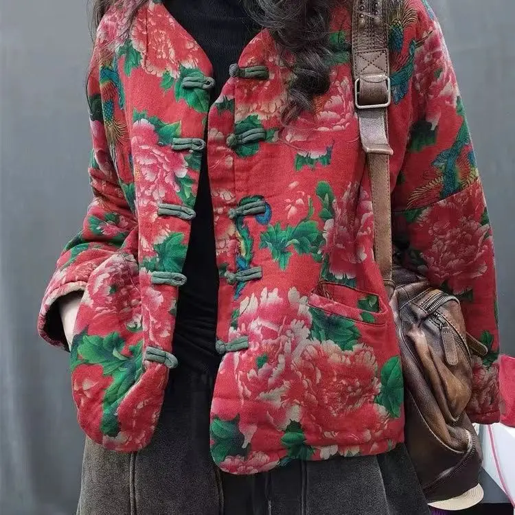 

Оригинальное этническое хлопковое пальто с цветочным узором, осенне-зимнее, свободного кроя, в стиле ретро, на пуговицах, из хлопка и льна, короткое, женское, модное, премиум-класса