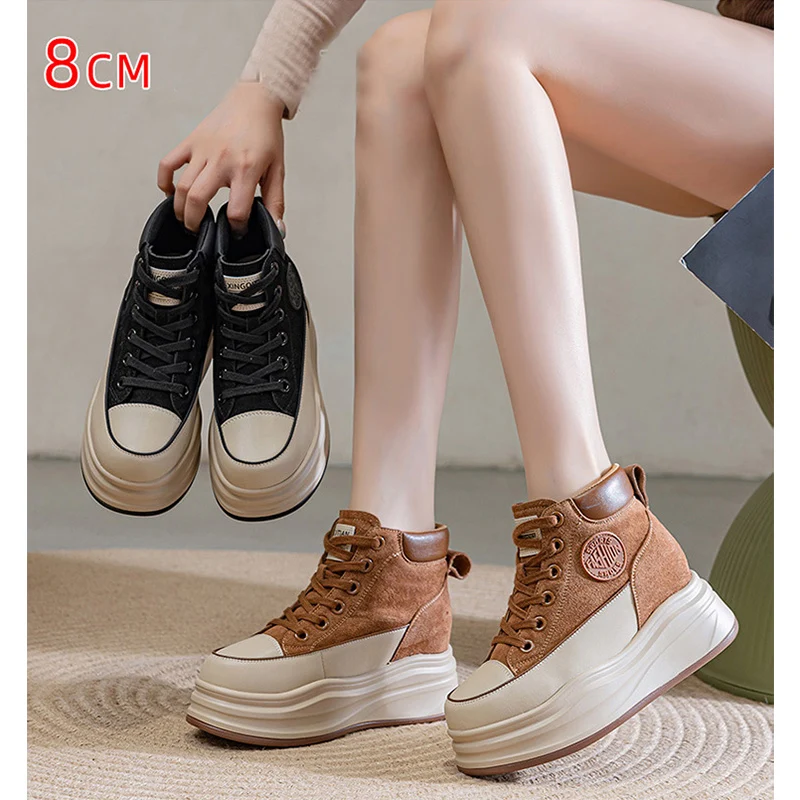 Spring Autumn Genuine Leather Shoes Women Fashion Sneakers Flat Platform Height Increasing 8cm Ladies Brand Black Shoes D696