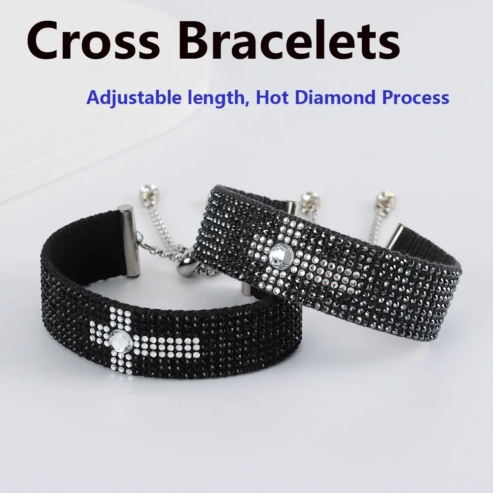 Glitzy Cross Pendant Charm Bracelet with Full Rhinestones