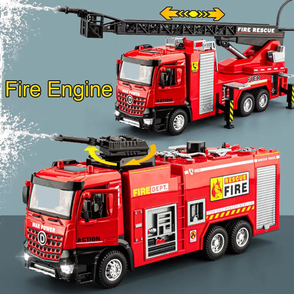 1:32 Schaal Brandweerwagen Model Auto Speelgoed Legering Diecast met Licht Geluid Kan Water Spuiten Antenne Ladder Brandweerwagen Peuter Kids Geschenken
