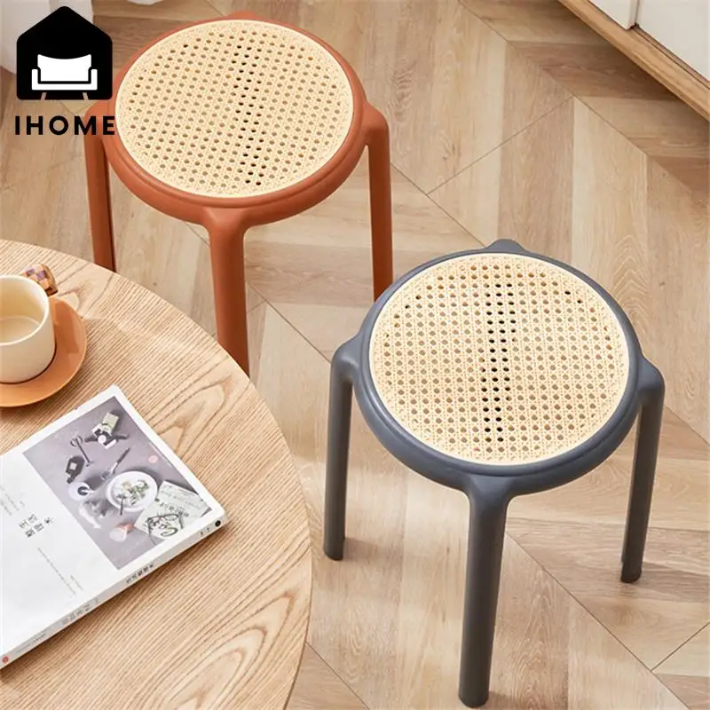 

Plastic Stools Can Be Stacked Home Dining Table And Chairs Simple Fashion Creative Round Stool Imitation Rattan Chair High Bench