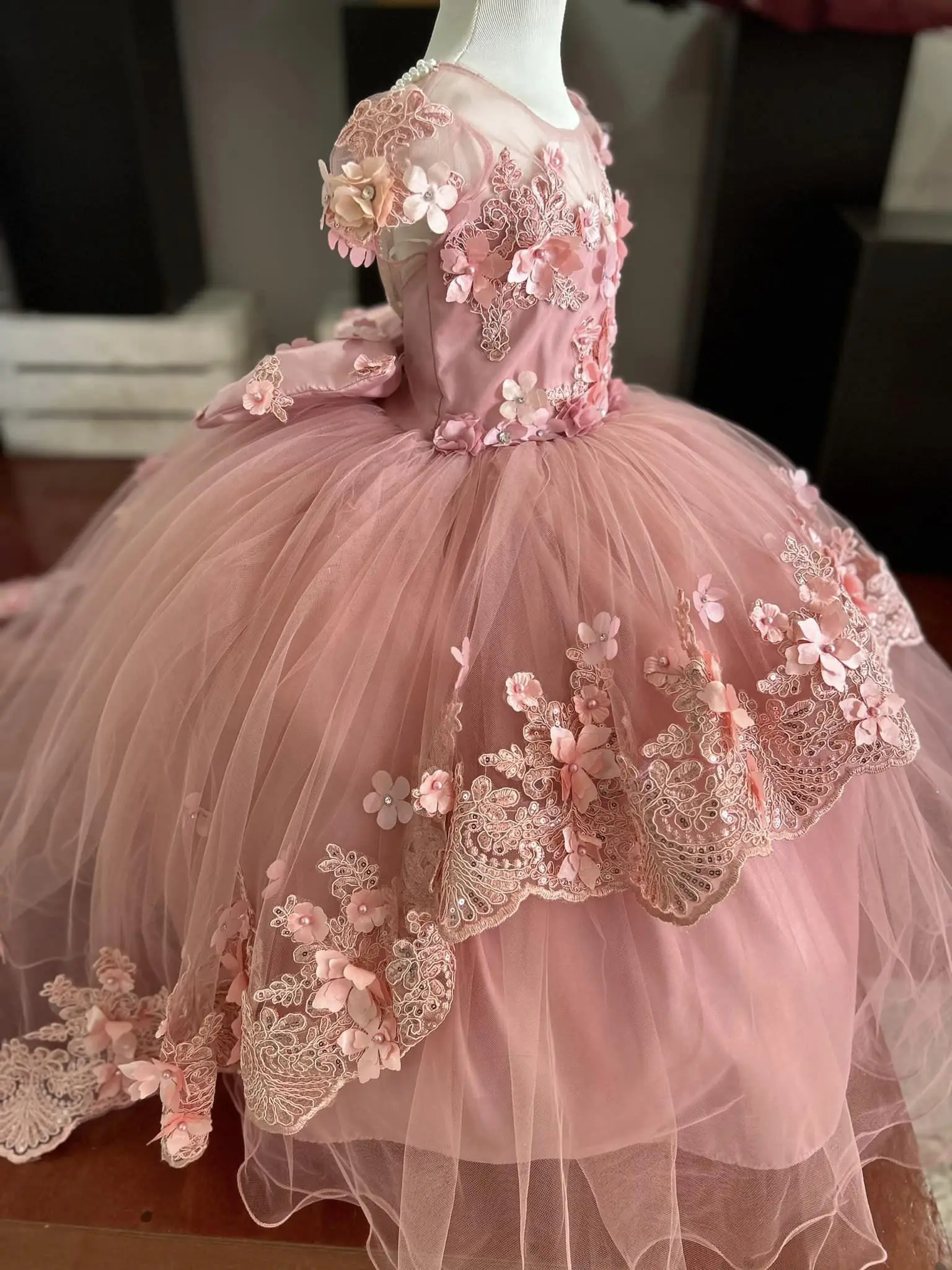 Vestido de niña de flores rosa con apliques 3d para boda, tul hinchado hasta el suelo, vestido de fiesta de cumpleaños, desfile, vestidos de graduación para bebés pequeños