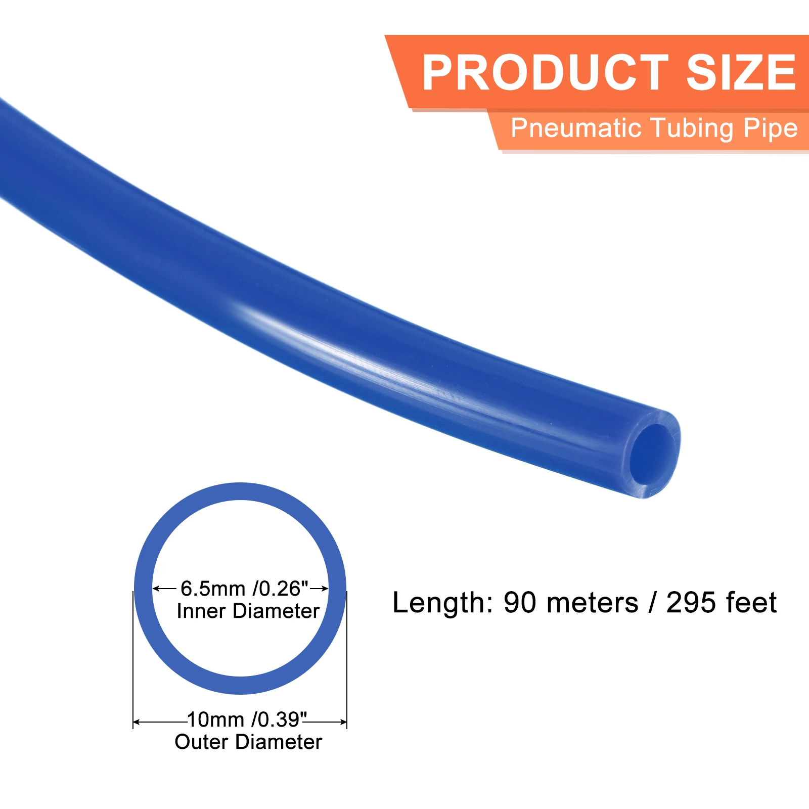 Pneumatic Tubing Pipe 10mmx6.5mm 295ft 90 Meters PU Air Line Tubing Hose Tube Transparent/Blue for Fluid Transfer Air Compressor