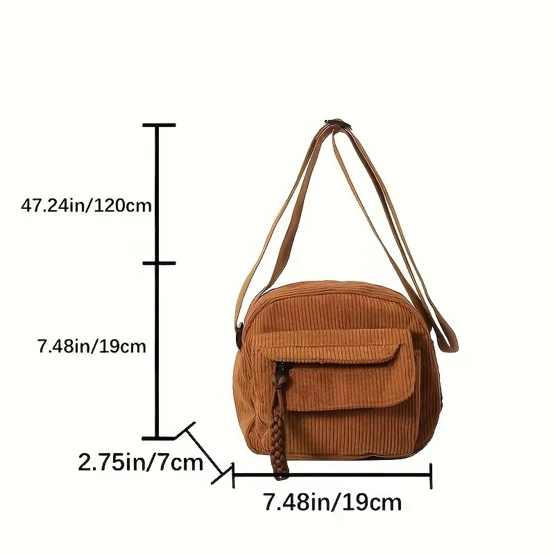 コーデュロイ クロスボディバッグ 女性用 カジュアル 原宿スタイル ジッパー開閉 調節可能なストラップ マルチポケット ポリエステル裏地 ベージュ