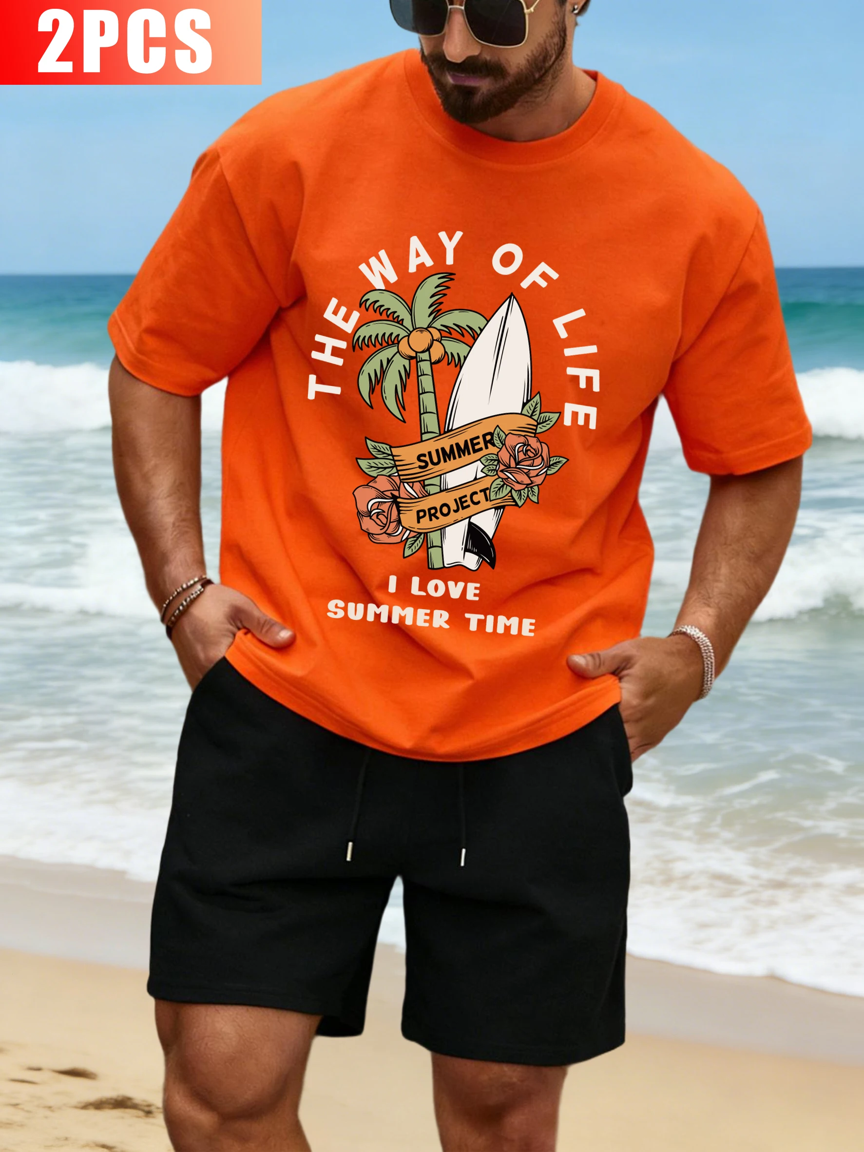 

The Way Of Life Love Summer Print Mens Tee Set Hip Hop Wide-Leg Shorts Casual Cotton Retro Clothes Male Loose O-Neck Streetwear