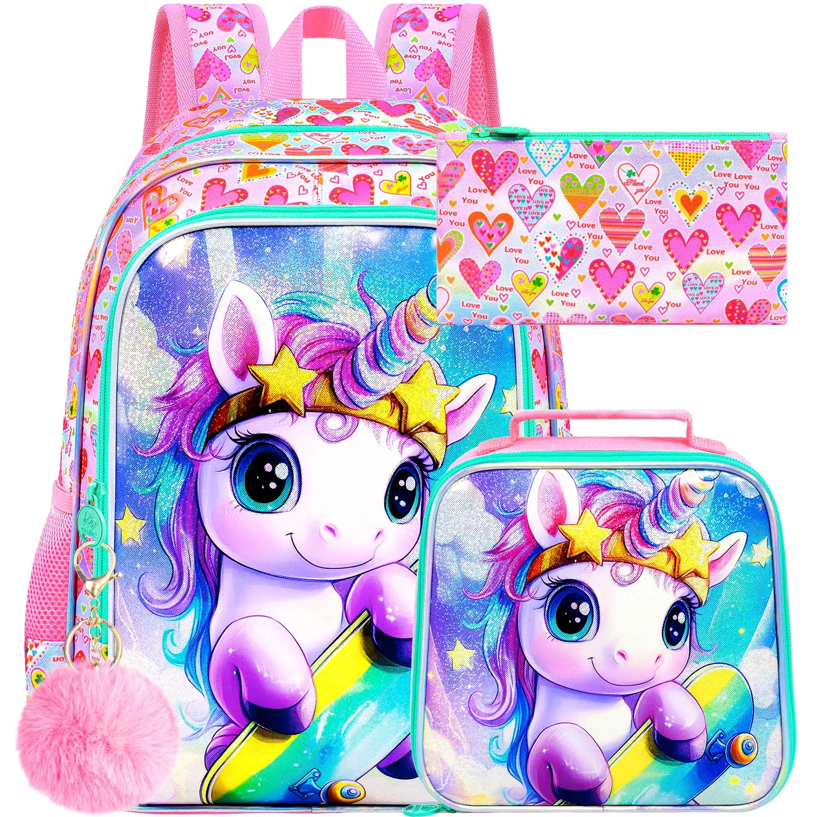 

3PCS Girls Unicorn Skateboard Backpack Set, 16" Bookbag with Lunch Box, Water Resistant School Bag for Elementary Preschool