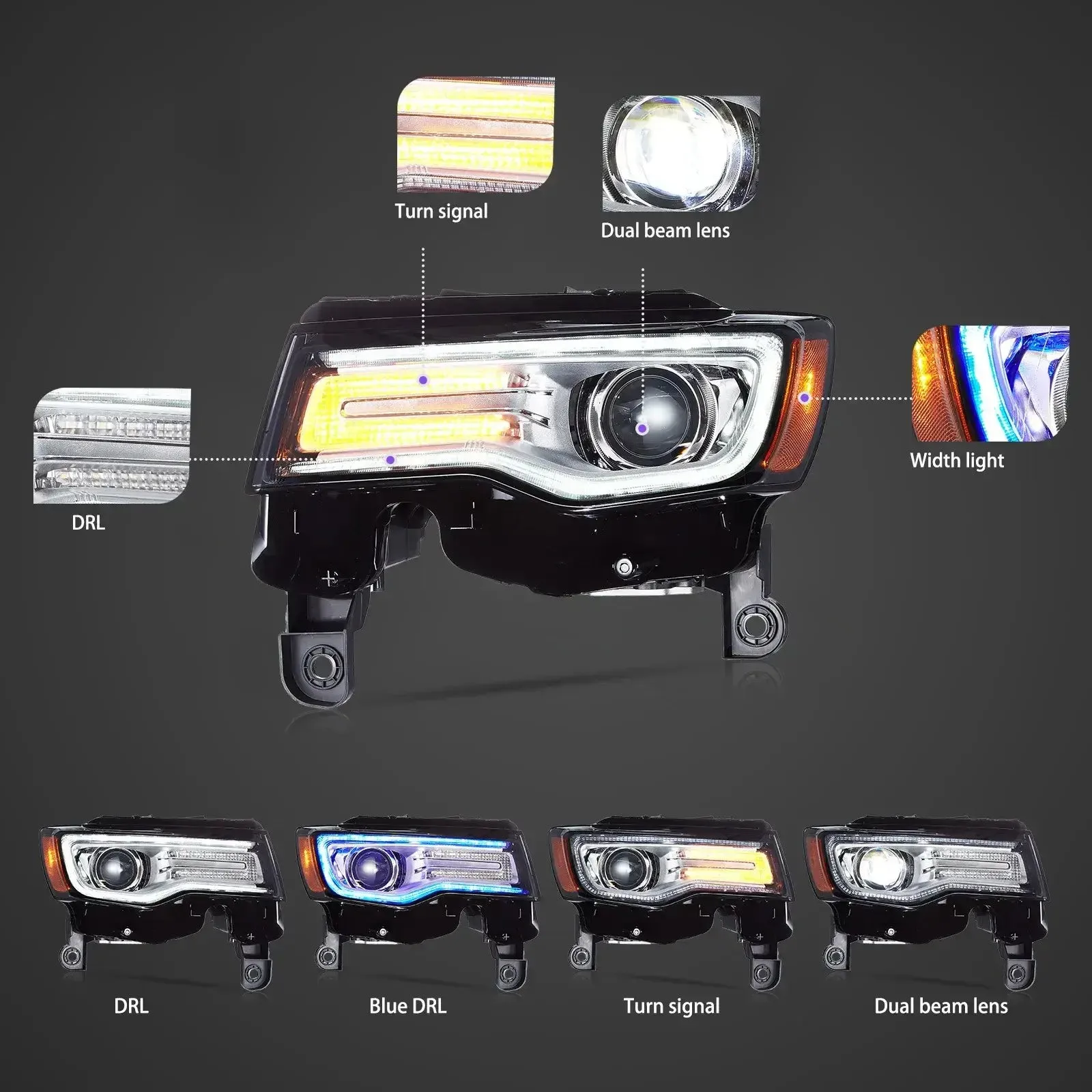2 Stück WK2 2014-2022 LED-Scheinwerfer-Set für JEEP Grand Cherokee WK2 2014-2022 mit Startanimation, blauem Tagfahrlicht, dynamischem gelben Blinker, Dual-Projektor, Fern- und Abblendlicht,