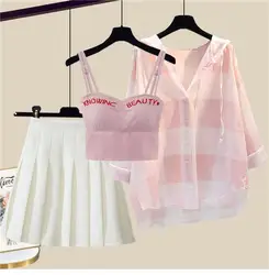 plus Size Summer Faion Set Women's Cheered Sun Protection Cardigan  Dr Skirt Tee-Piece Suit Slimming Effect