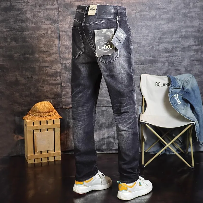 Fashion Designer Men Jeans High Quality Retro Black Gray Stretch Slim Fit Ripped Jeans Men Vintage Casual Denim Pants Hombre