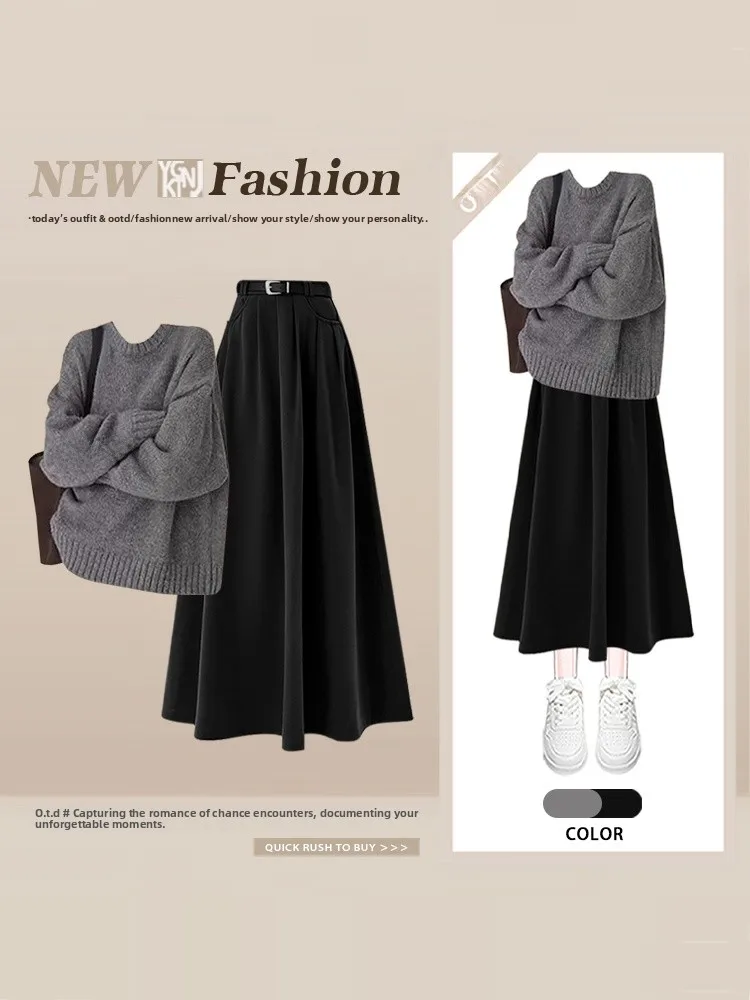 

plus Size Winter Slimming Set Lazy Style High Waist A-Line Skirt round Neck Knitwear Comfortable Loose Fit Fashion Ensemble
