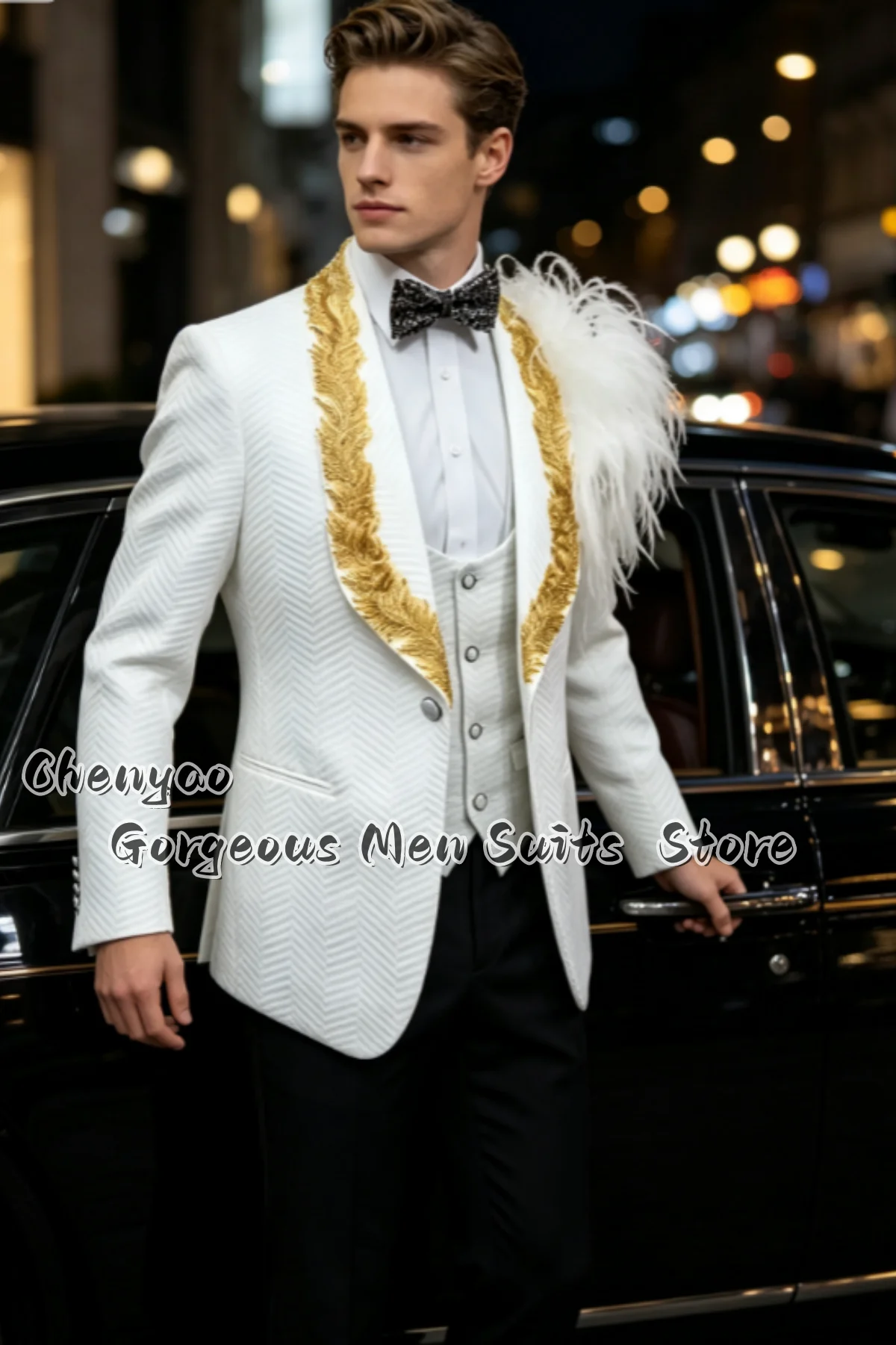 High End Men Suits Herringbone Tuxedo Suit Gold Leaf Embroidery Feather Shoulder Decor Slim Wedding Custom 3 Pieces Ropa Hombre
