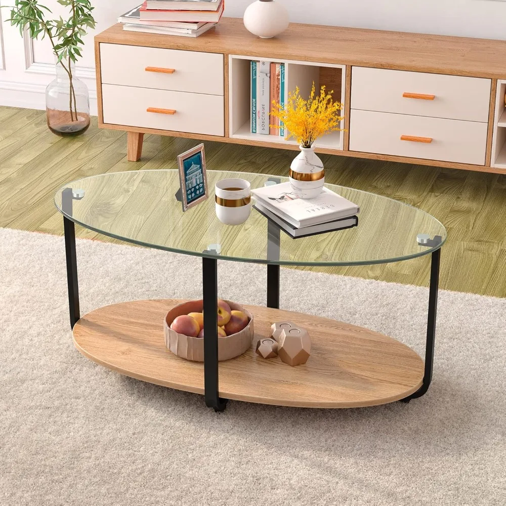 Glass Coffee Table, 2 Tier Oval Tea Table with Tempered Glass Tabletop and Wooden Shelf, Modern Glass Sofa Center Table