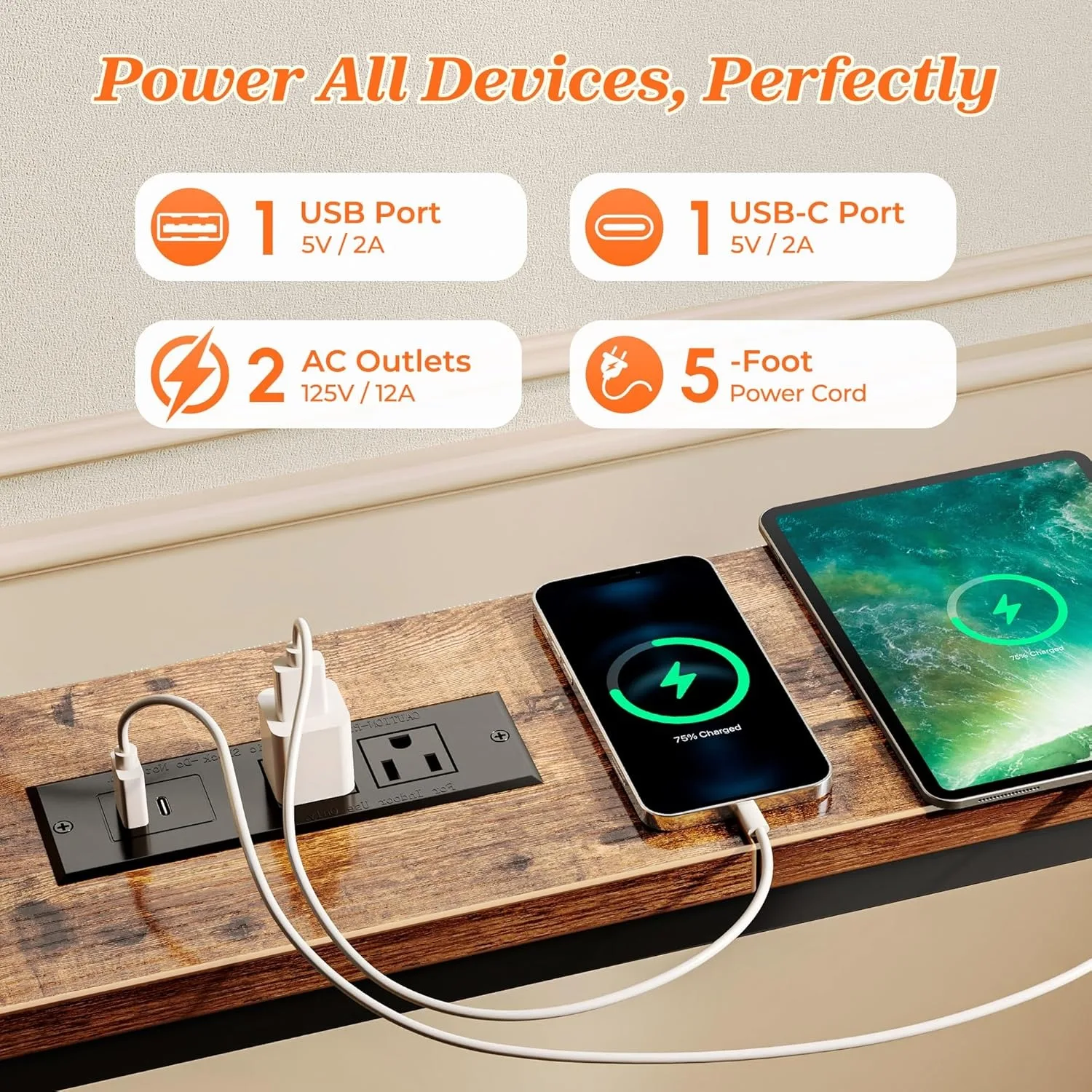 طاولة أريكة مقاس 79 بوصة مع مخرجين طاقة ومنفذ USB-C، وطاولة وحدة تحكم ضيقة مقاس 5.9 بوصة مع مساحة تخزين، بني ريفي #5