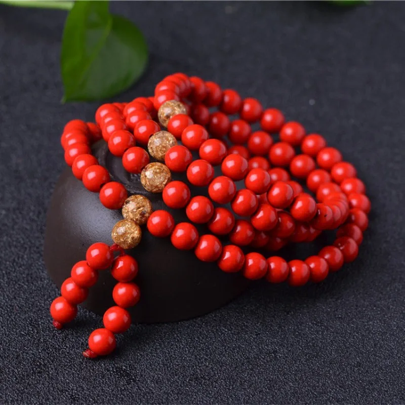 Original Cinnabar Red Sand Bracelet for Women with 108 Buddha Beads in Multiple Circles Cinnabar Red Lucky Prayer Beads Red