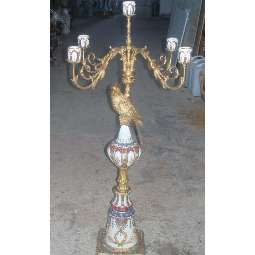 European Baroque style five armed bird decorated candlestick/luxurious gold-plated brass floor style