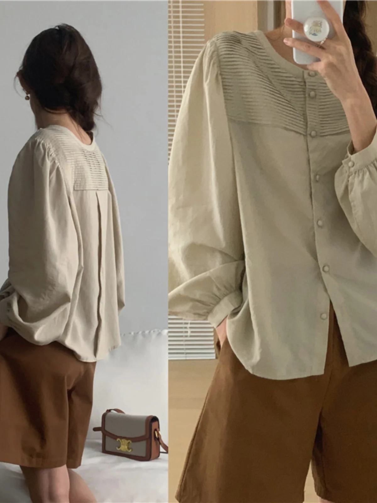 

Chic Anti-Aging Bubble Sve irt Women's Spring Vintage Versatile round Ne Front Ba Wear Long Sve Blouse Korean Sle