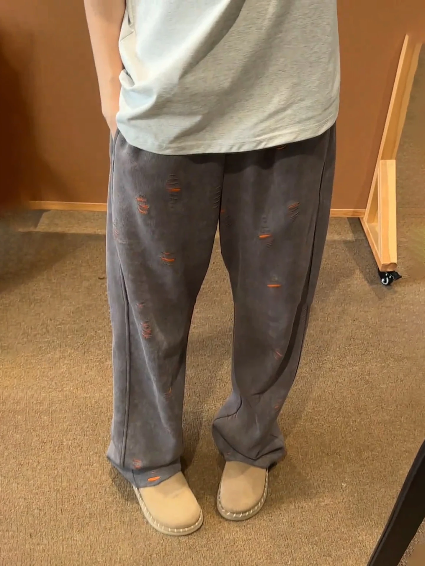 

American Sle Heavyweight Hole Knife Pants Men's Autumn Winter Straight Drapey Loose Bf Lazy Sle Casual Long Trousers