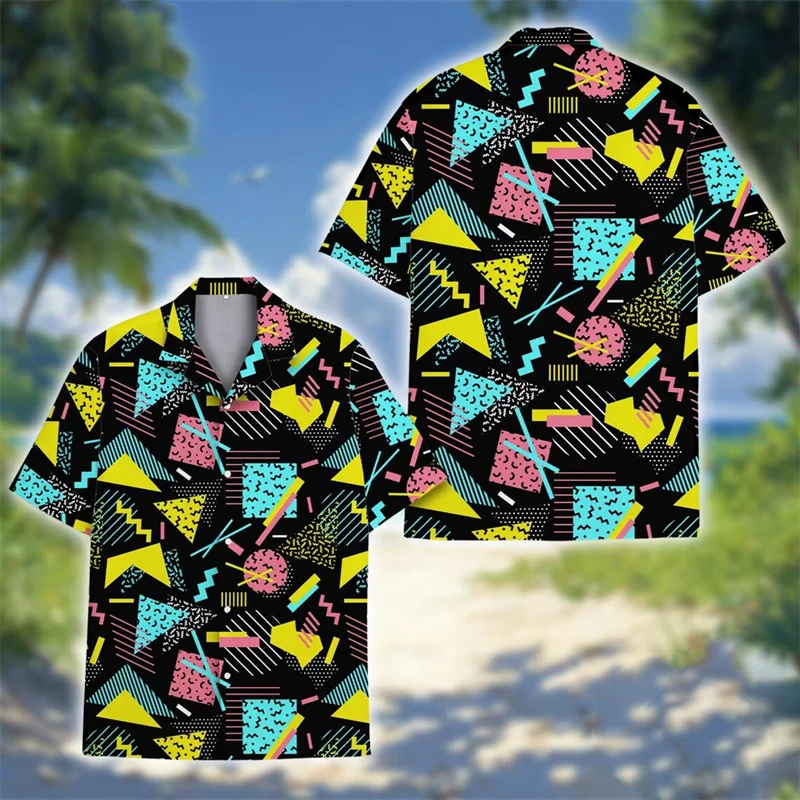 

80s 90s Retro Style Popular Shirt Unisex Geometric Patterns Print Streetwear Oversized Short Sleeve Shirts Summer Party Viral
