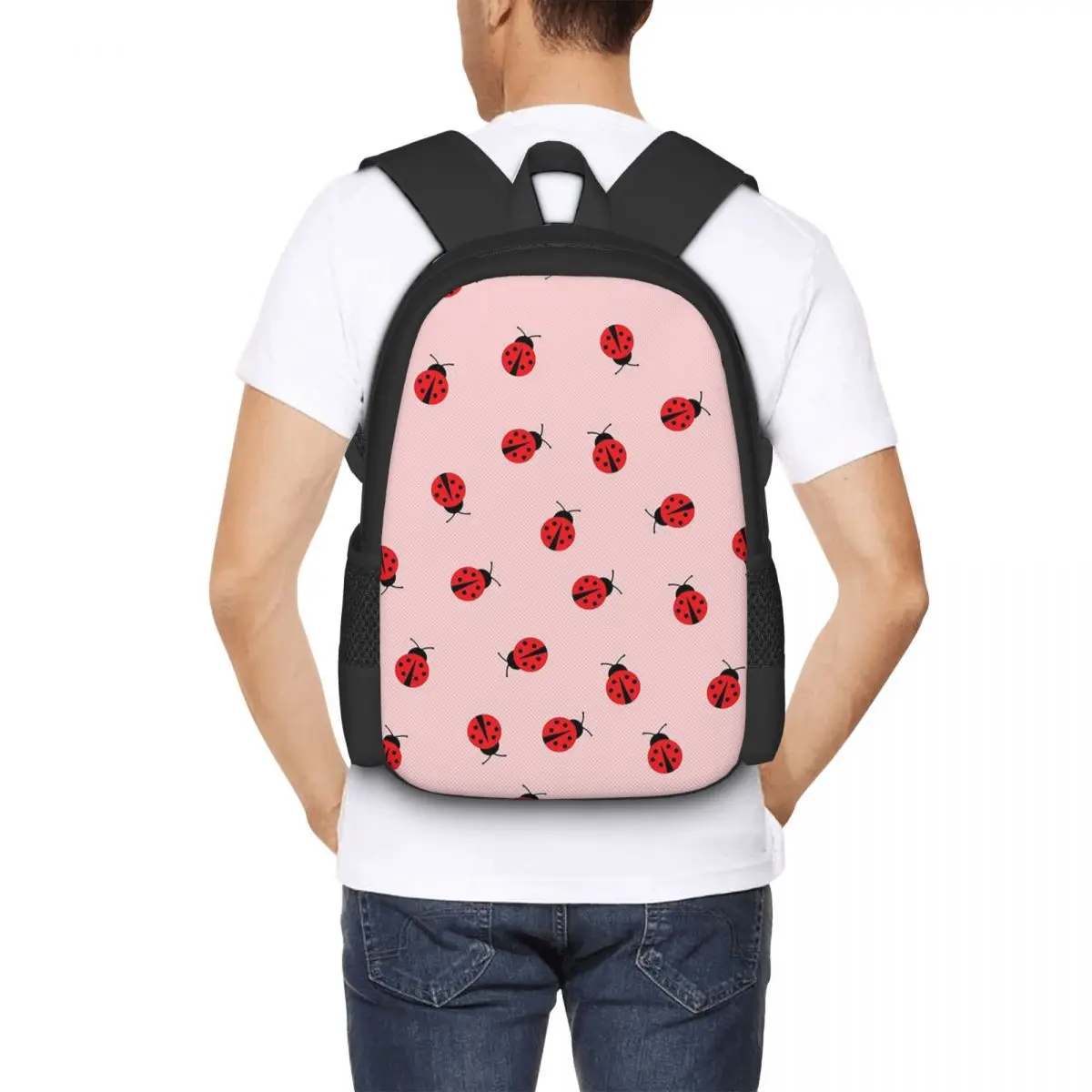 Cute Ladybug Pattern On Pink Background Backpack Hot Sale Daypack Large Capacity BookBag School Bag Shoulder Bags for Men Women