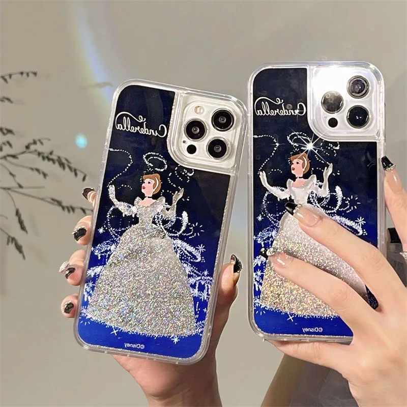 Cute Cartoon Cinderella Princess Glitter Cinderella Liquid Quicksand Phone Case For iPhone 11 12 13 14 15 16Pro Max Cover