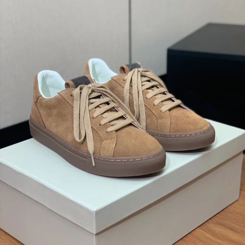 New thick sole with increased lace up, super soft and comfortable suede flat bottom lace up casual board shoes for women