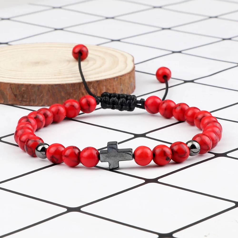 Multi Colour Braided Bracelets 6mm Onyx Cross Beads For Men Women Handmade Adjustable Wristband Jesus Pray Healing Jewelry Gifts