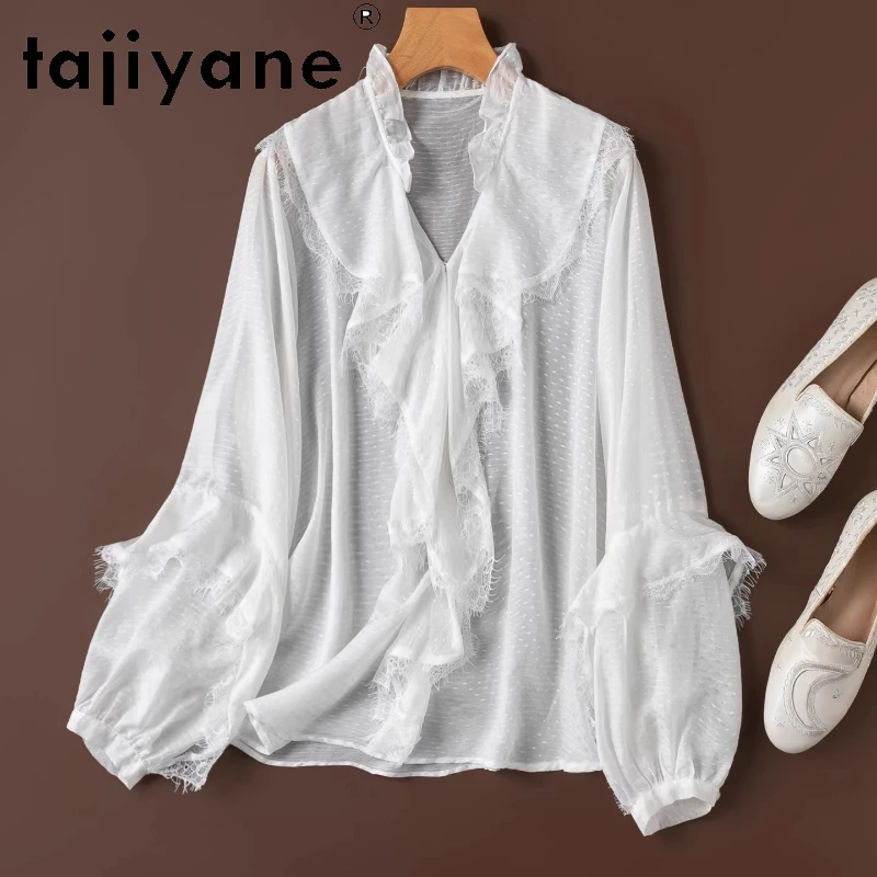 

TAJIYANE 50% шелковая блузка из тутового шелкопряда, белая, элегантная, с V-образным вырезом, женская, весенняя, с длинным рукавом, топ для женщин, одежда 2026, рубашка