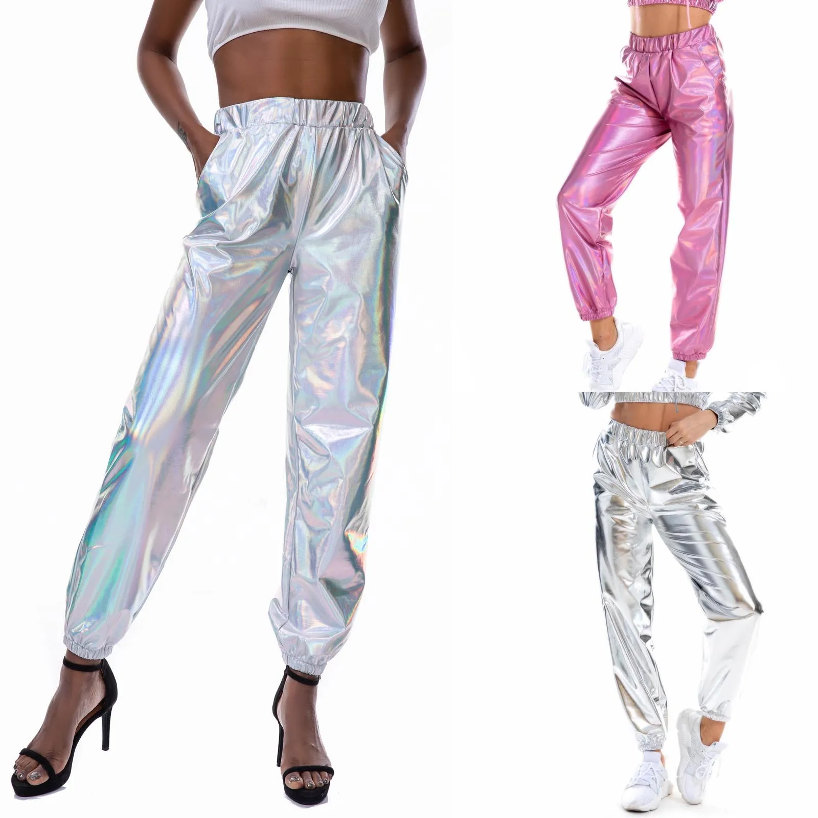 

Women's Pant High Waist Metallic Shiny Jogger Casual Holographic Color Streetwear Trousers Women Fashion Smooth Reflective Pants