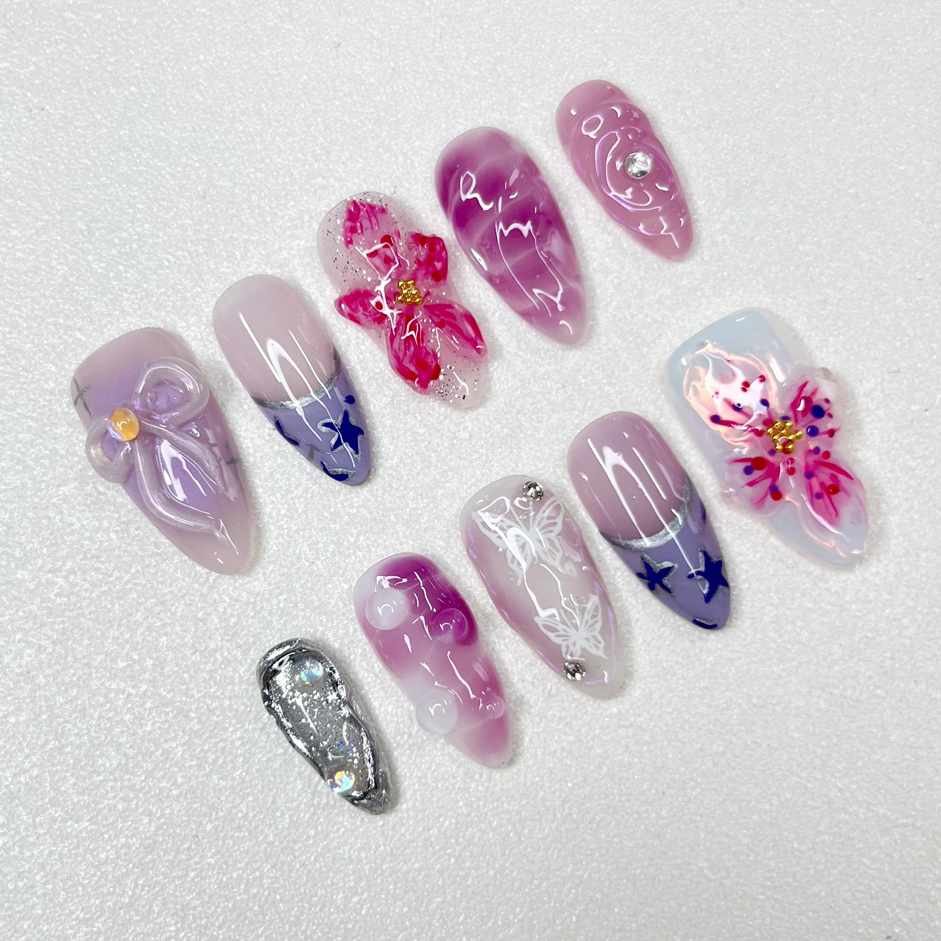 3D Handmade Fake Nail Floral Relief Series Nail Art Bow Style Almond Length Nail Art Ornaments Hand Painted Series