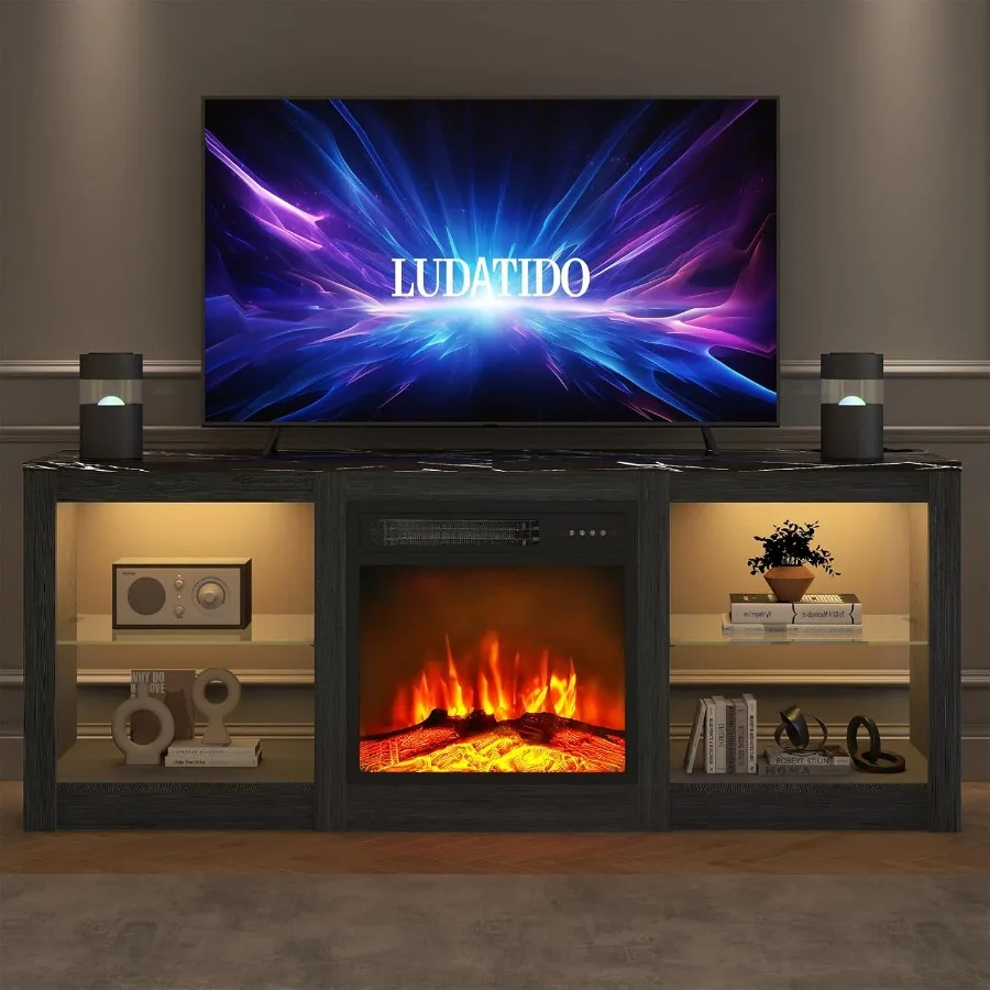 

58 Inch TV Stand with 18 Inch Electric Fireplace Insert Featuring LED Light Display and USB AC Power Interfaces for Living Room