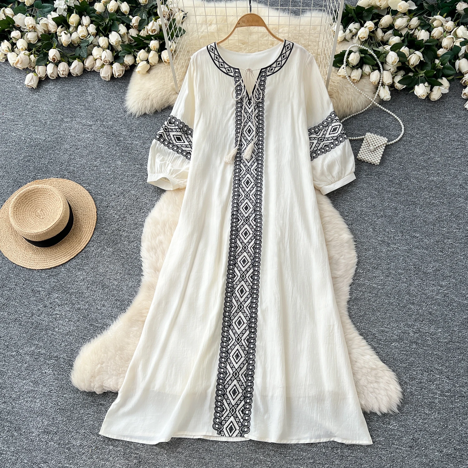 Chic vintage acanalado suelto delgado elegante Hada moda coreana Boho vestido veraniego otoño mujer ropa vestido largo
