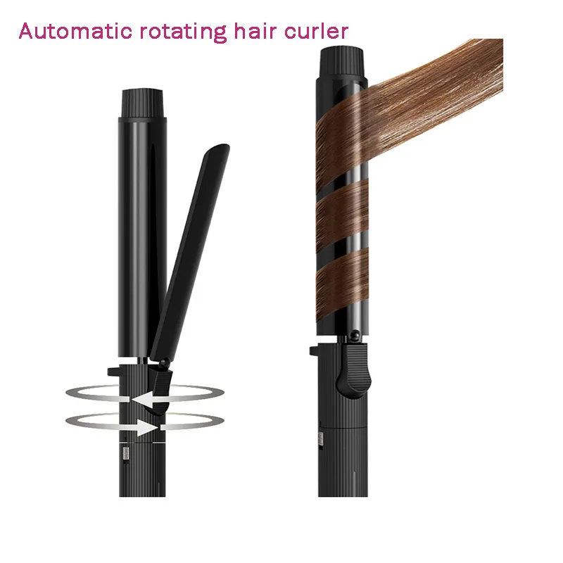 

Профессиональные вращающиеся щипцы для завивки волос, быстро нагревающиеся щипцы для завивки волос, нано-титановые черные щипцы для завивки волос с углом 230 градусов