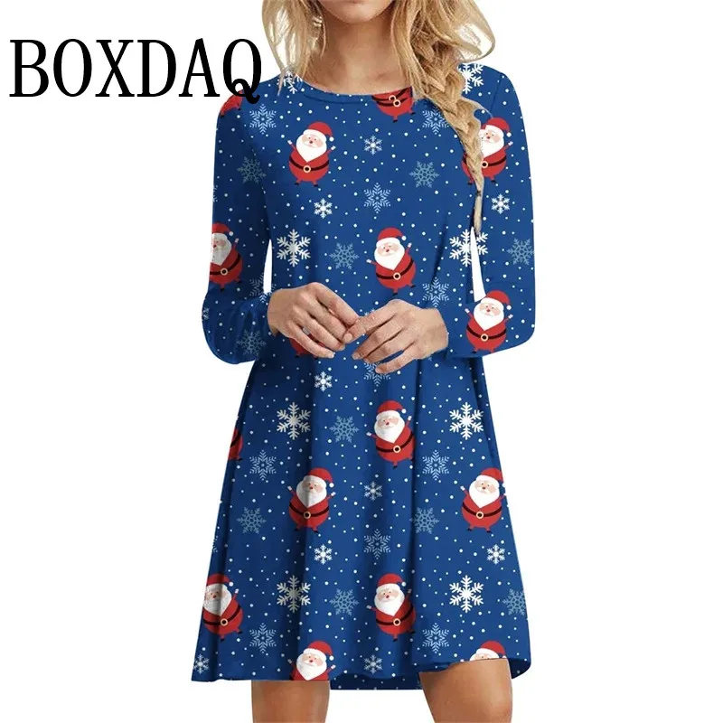 Christmas Snowflake 3D Print Dress Women Cute Long Sleeve A-Line Dress Autumn Winter Women's Clothing Casual Party Mini Dresses