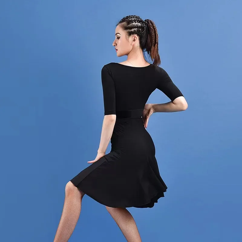 Latin Dance Costume Women's Adult Black Mid Sleeve Dresses Standard International Latin Modern Dance Dress Performance Clothing