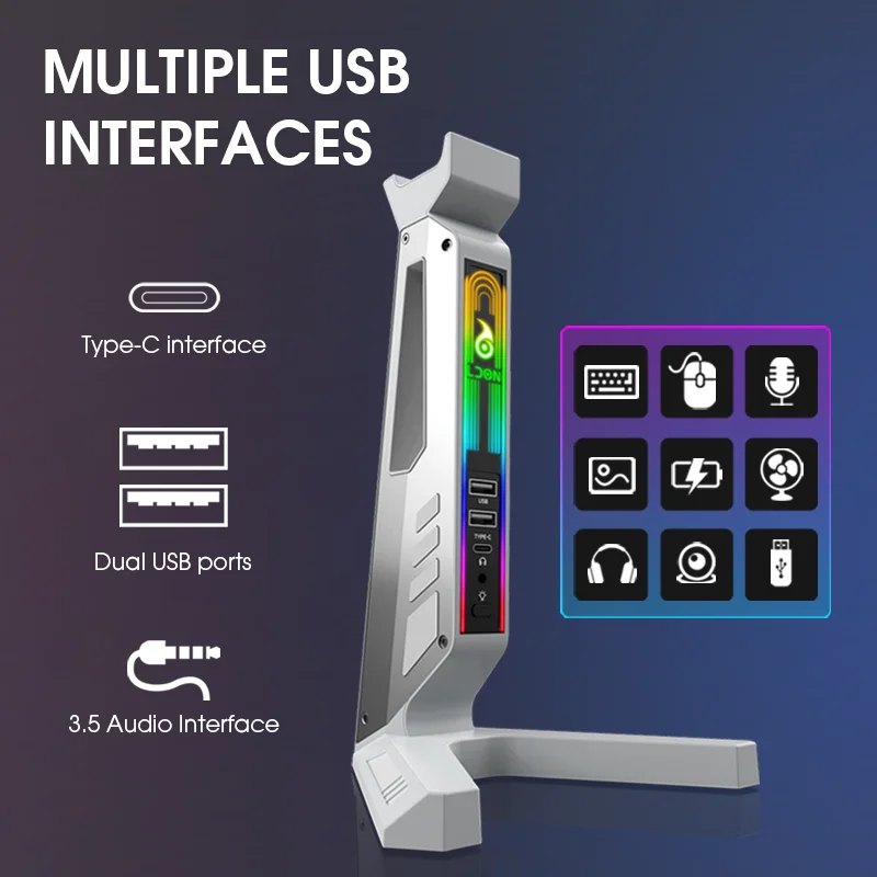 

Подставка для гарнитуры RGB 2025 с USB-концентратором 2.0/портами Type-C. Светодиодный игровой держатель для наушников. Предложение индивидуальных моделей и обслуживание логотипов в подарок.