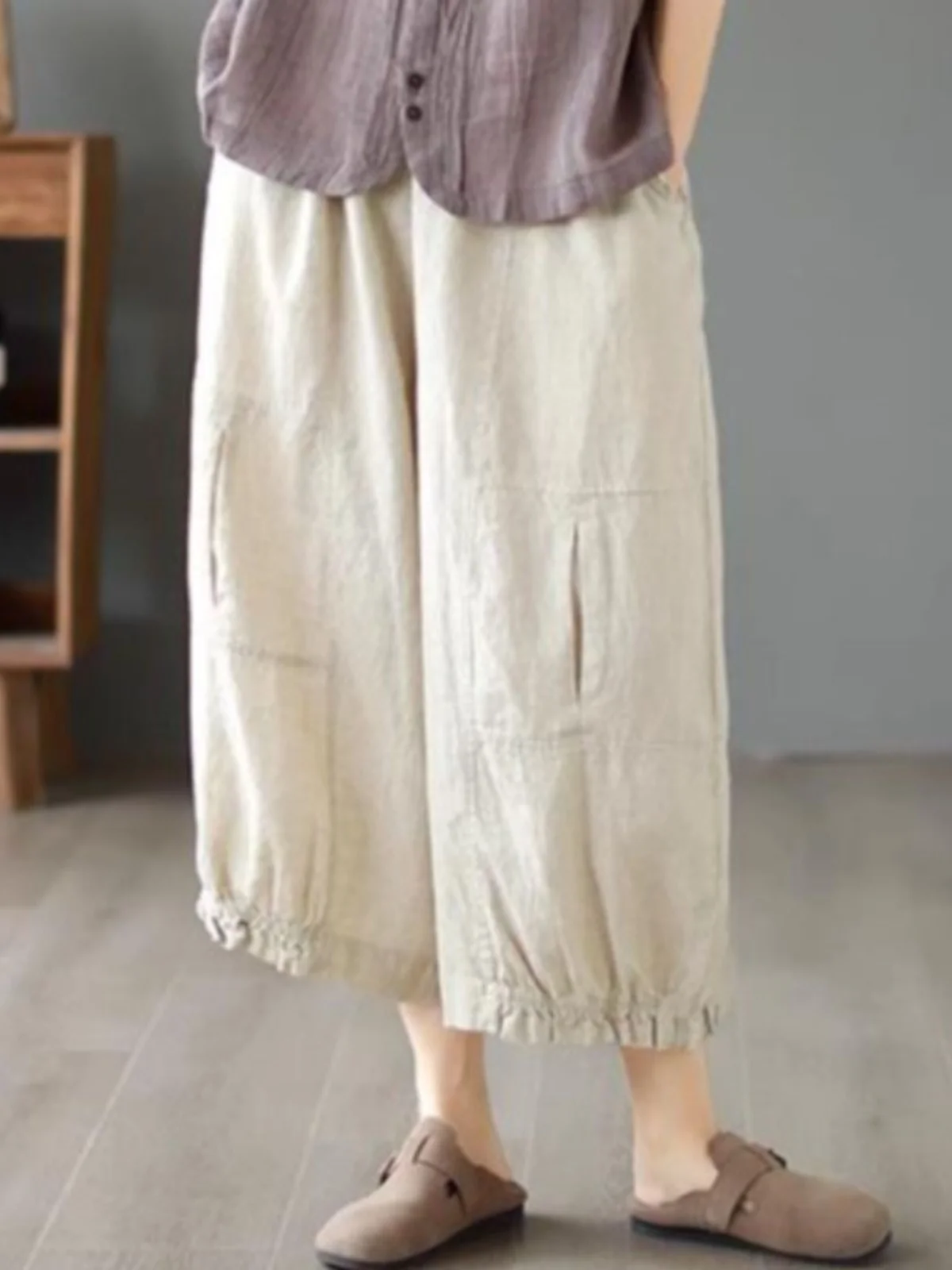 

Ретро однотонные хлопковые и льняные широкие брюки с высокой талией для похудения на семь футов, свободные повседневные летние брюки для женщин больших размеров