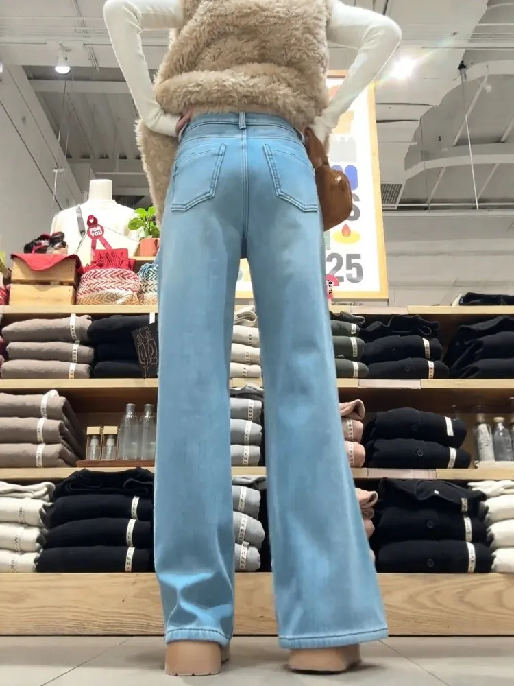 Pantaloni in denim Thi foderati Fce taglie forti Donna Inverno Pera ape Pantaloni larghi a vita alta slim a gamba dritta