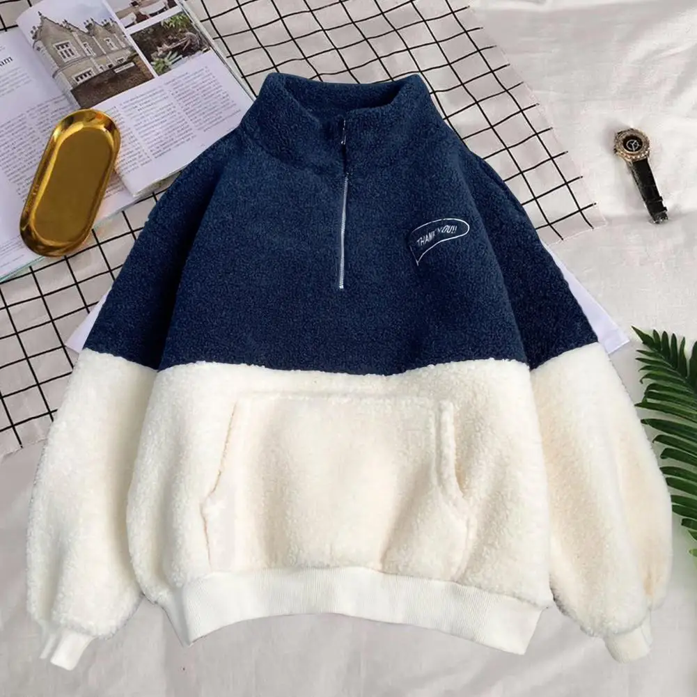 Zipper Half High Collar Plush Thickened Lamb Fleece Sweatshirts Women Autumn and Winter Warm Coat Preppy Style Woman Clothing