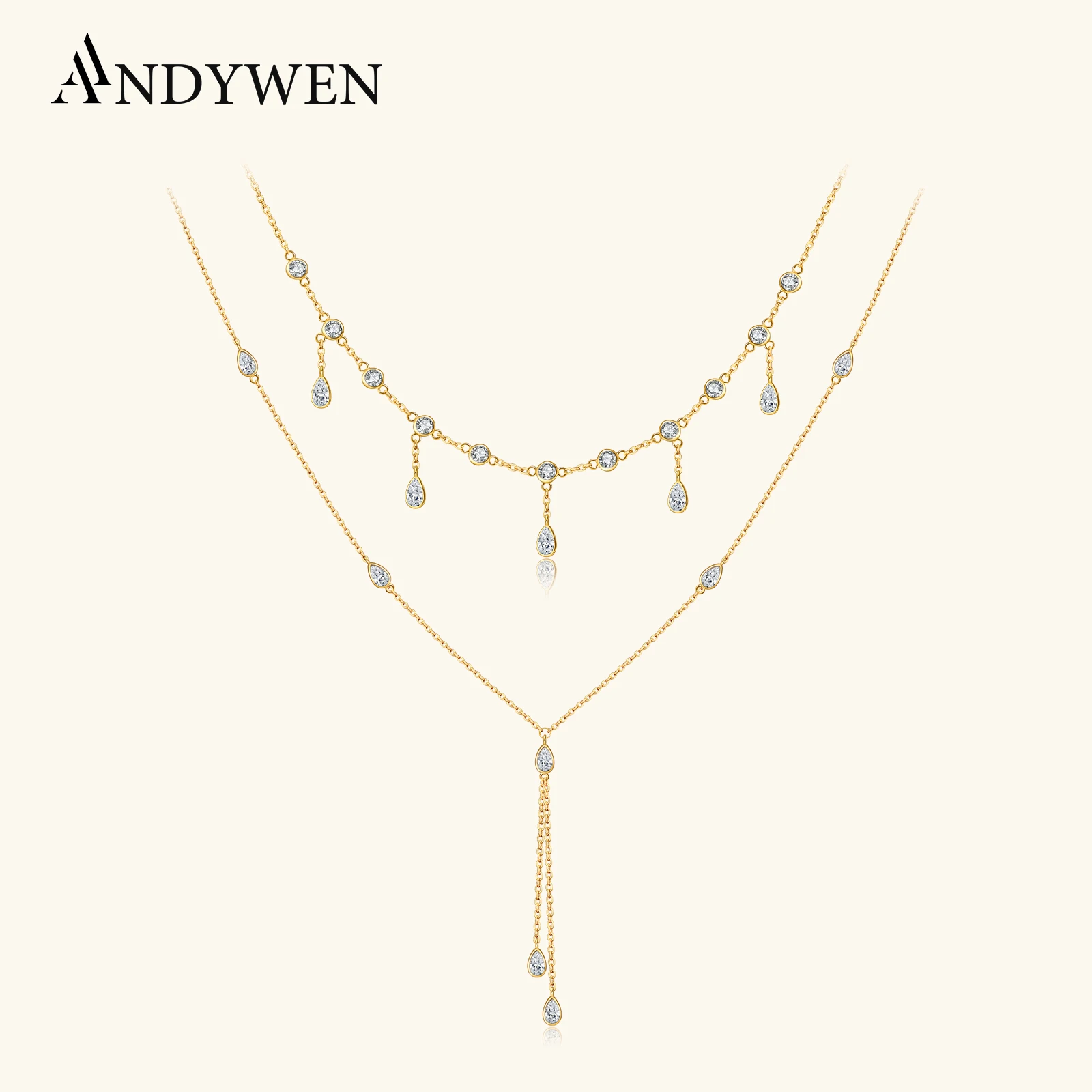 ANDYWEN 925 Sterling Silver Pear Shape Round CZ Zircon Stackable Necklace Set 2025 Women Fashion Casual Daily Jewelry Gift