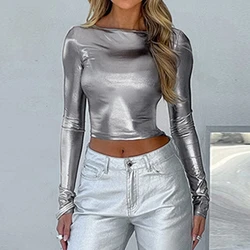 T-Shirt Skinny da donna camicetta Pullover a maniche lunghe Solid Crop top camicia in argento lucido metallizzato per Clubwear Jazz Dance Party